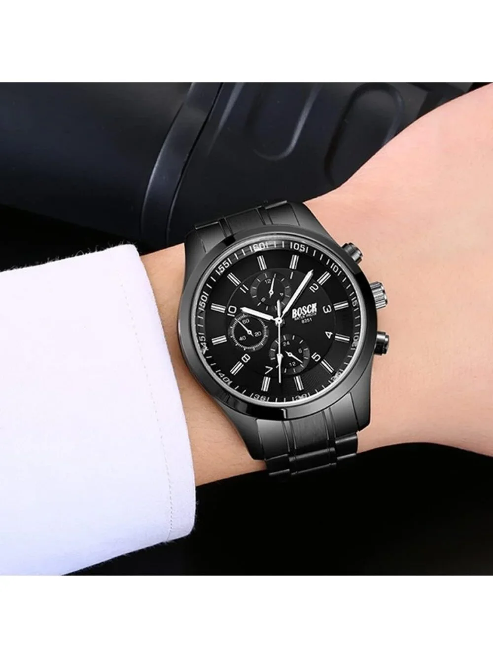 Men's Black Analog Quartz Stainless Steel Chronograph Waterproof Wrist Watch